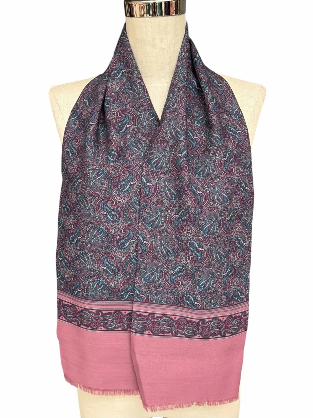 Vintage Wool Paisley Scarf Dusty Rose Blue Gray Fringe Wrap 100% Wool